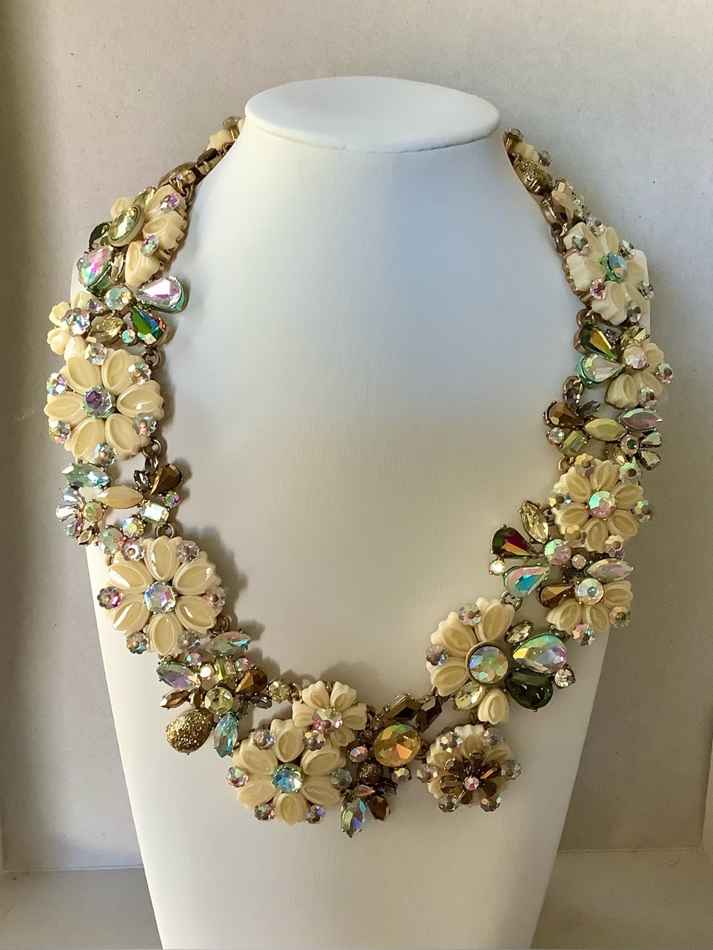 J Crew Ivory Floral Statement Necklace with Aurora Borealis Crystals